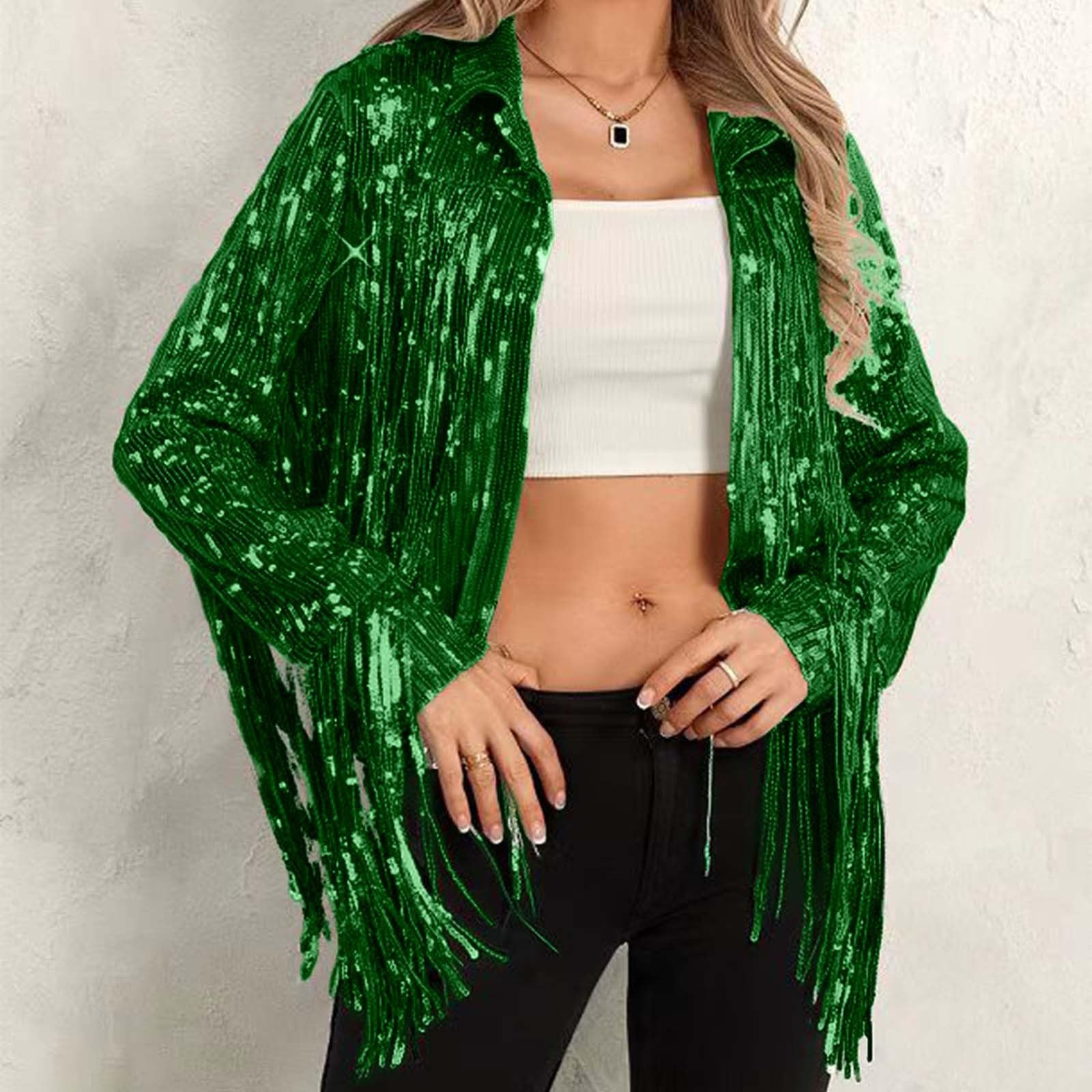 Generisch Disfraz de carnaval para mujer, chaqueta de lentejuelas con purpurina, chaqueta de los años 70 y 80, monocolor, hippie, ropa de calle, cárdigan frontal abierto con borla