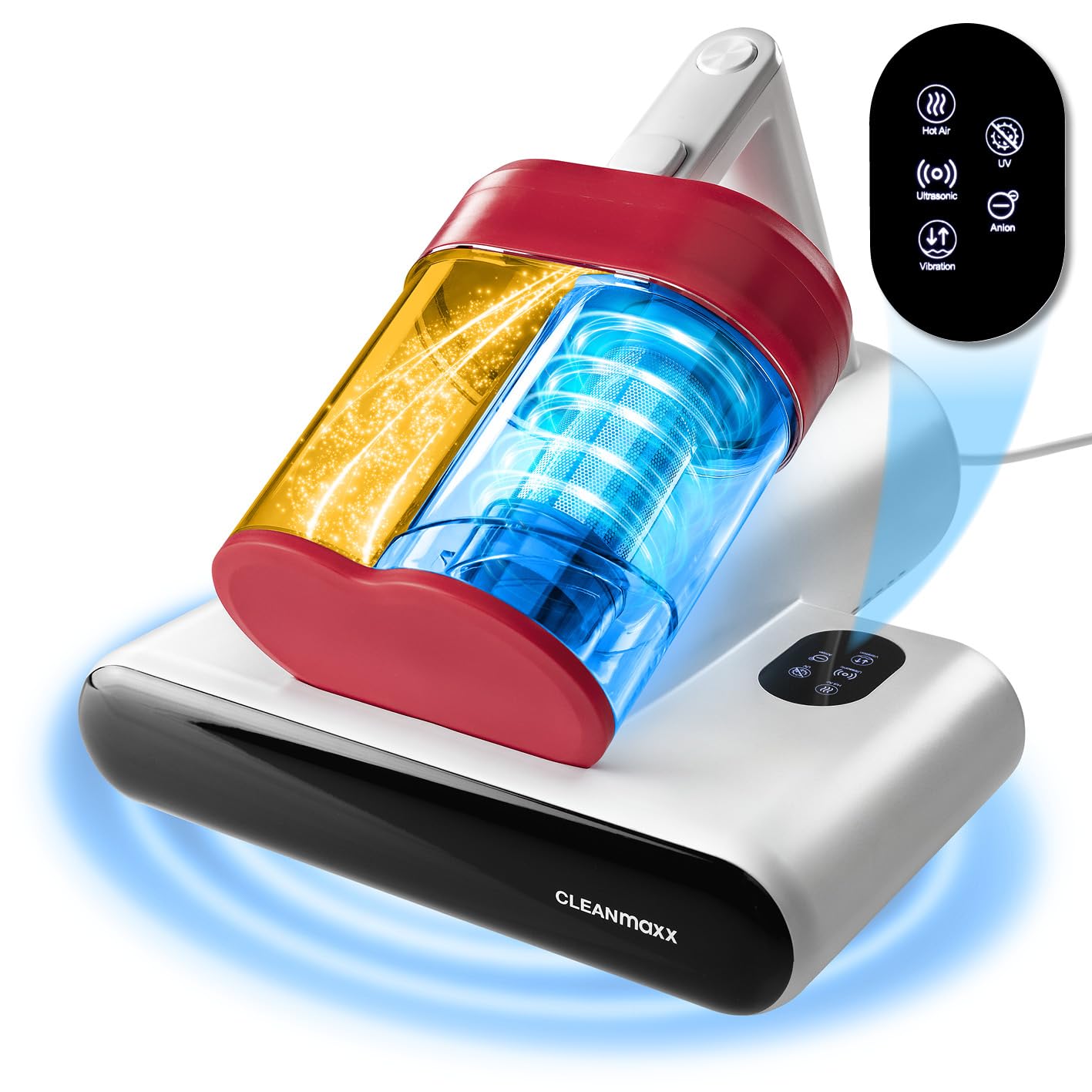 CLEANmaxx Milbensauger für Matratzen mit UV-C-Licht, Rotation | Matratzenreiniger mit HEPA-Filter, entfernt 99,9% Aller Milben | Matratzensauger mit Ultraschall, Hitze & Vibration