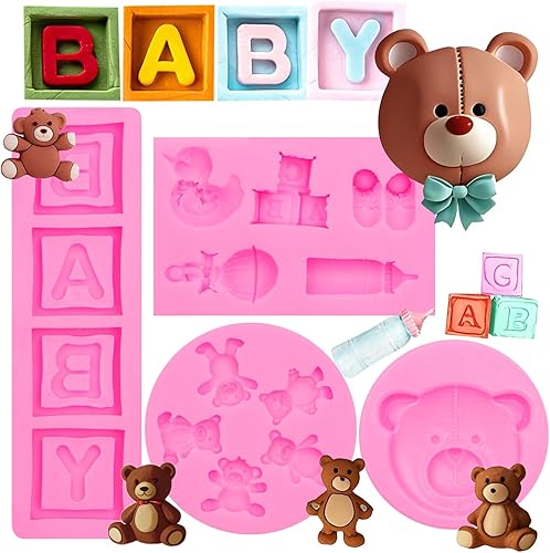Molde de silicona para fondant, 4 piezas de oso de peluche con letras de bebé para baby shower, decoración de cupcakes