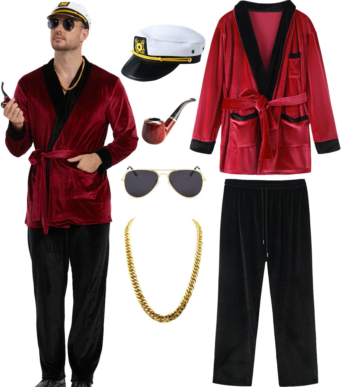 EBYTOPHalloween Costume for Men 2024, Adult Red Robe Jacket with Captain Hat Accessories