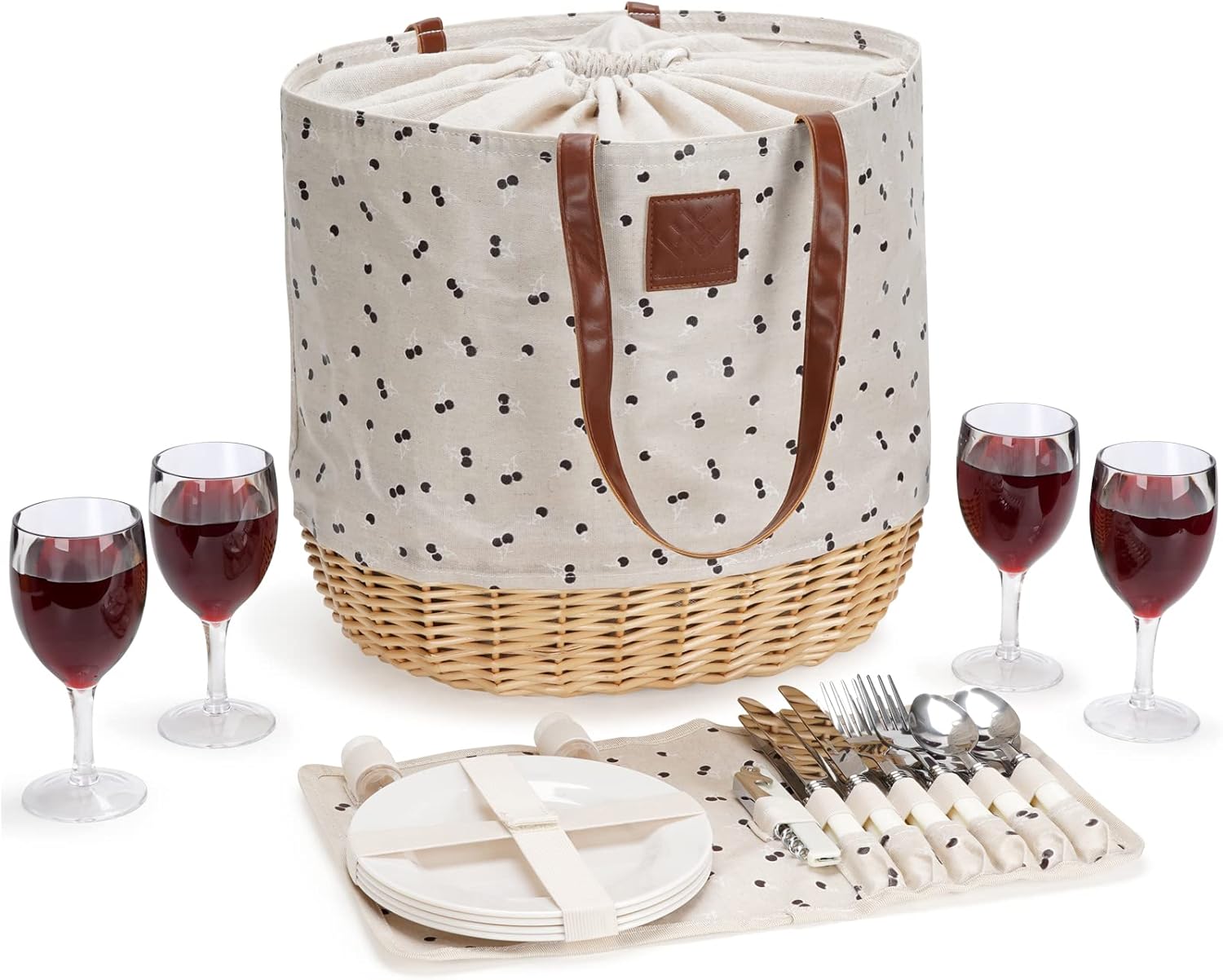 WILLOW WEAVE Willow Picnic Baskets Set for 4, Sturdy Woven Base & Linen Picnic Beach Tote Bag