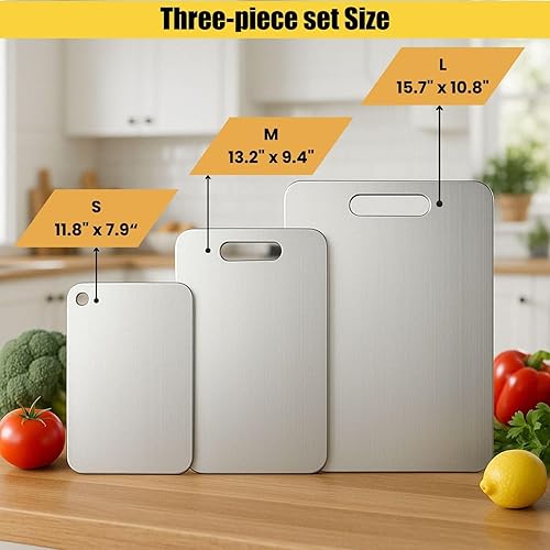 Miniatura 7 de Juego de 3 tablas de cortar de titanio, 100% titanio puro para cocina, higiene y durabilidad, tabla de cortar de doble cara, 3 tablas de cortar no