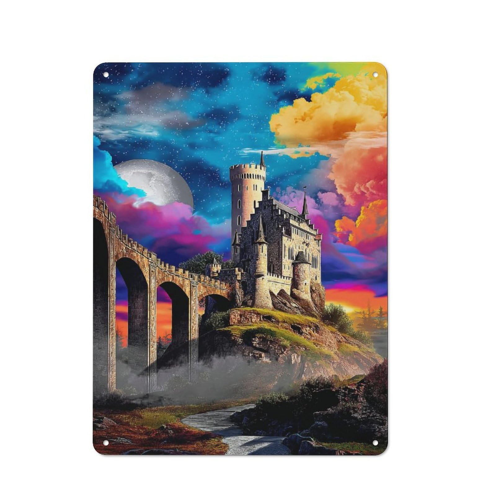 Junmoney Fantasy Castle Under A Starry Sky Tin Wall Plaque 40X30cm With For Workshop Wall, Suited To Workshop Decor Fans, For Retro Home Interiors