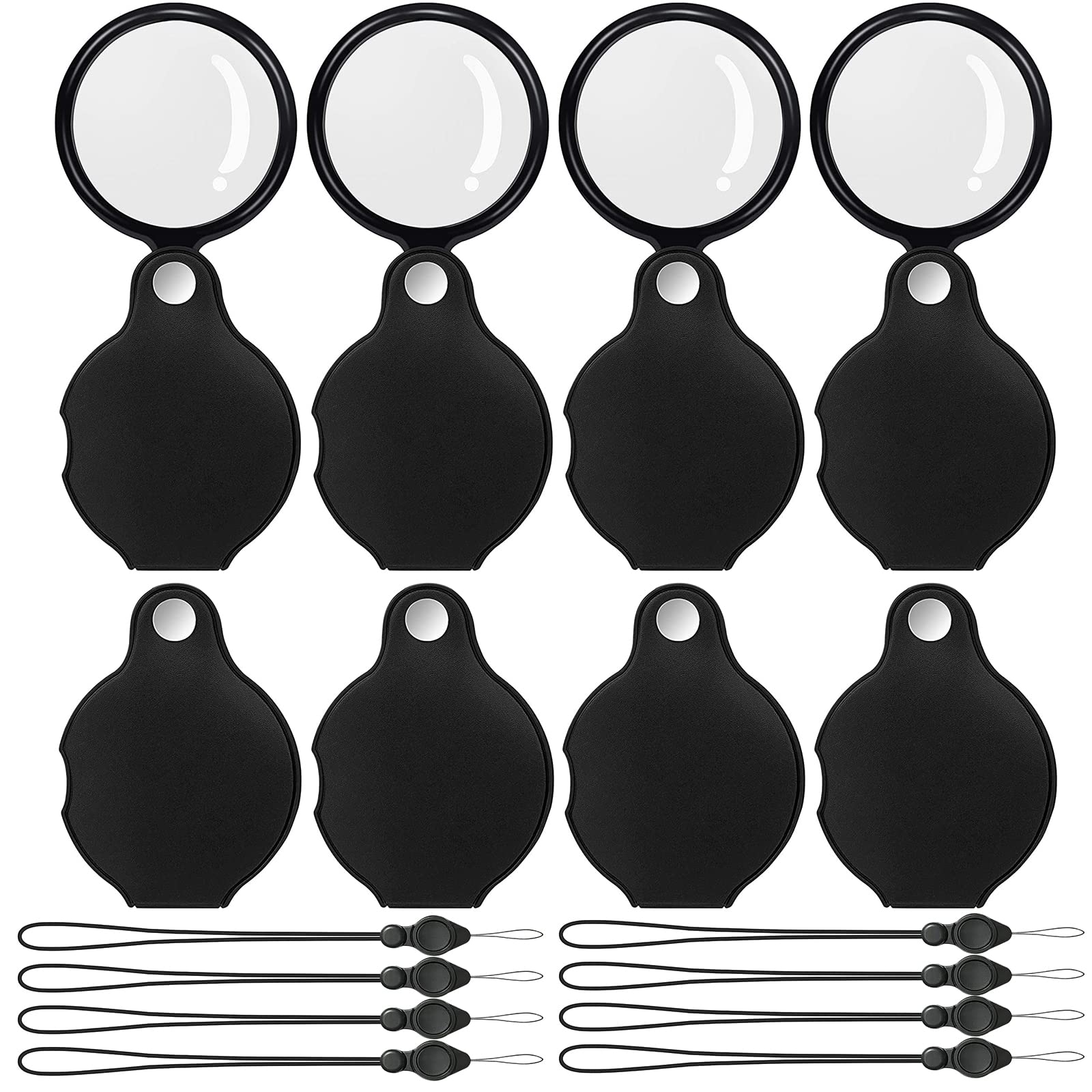 SAYEEC 8 Pcs 10X Small Magnifying Glass for Reading, Pocket Magnifier Folding Magnify Glass with Rotating Protective Leather Sheath and 8 Pcs Lanyard, Mini Magnifying Lens for Books Jewelry Coins Gems