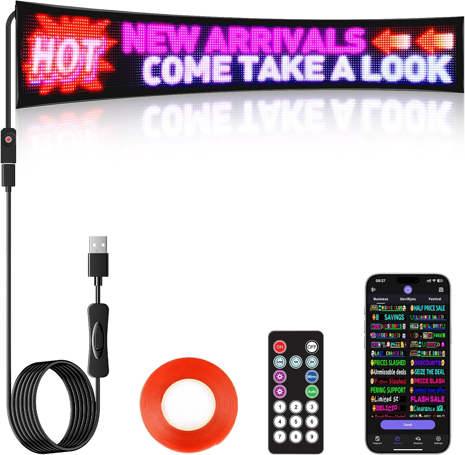 KJOY Full Color Dual Row Programmable LED Sign, 43''x6.3'' Flexible P5 USB Bluetooth APP Control LED Signs Custom Text Message Pattern Scrolling LED Display for Store Bar restaurant School.