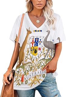 Oversized V Neck T-Shirts for Women - Australia Emblem Graphic Patriotic Plus Size Basic Summer Tee Tops,