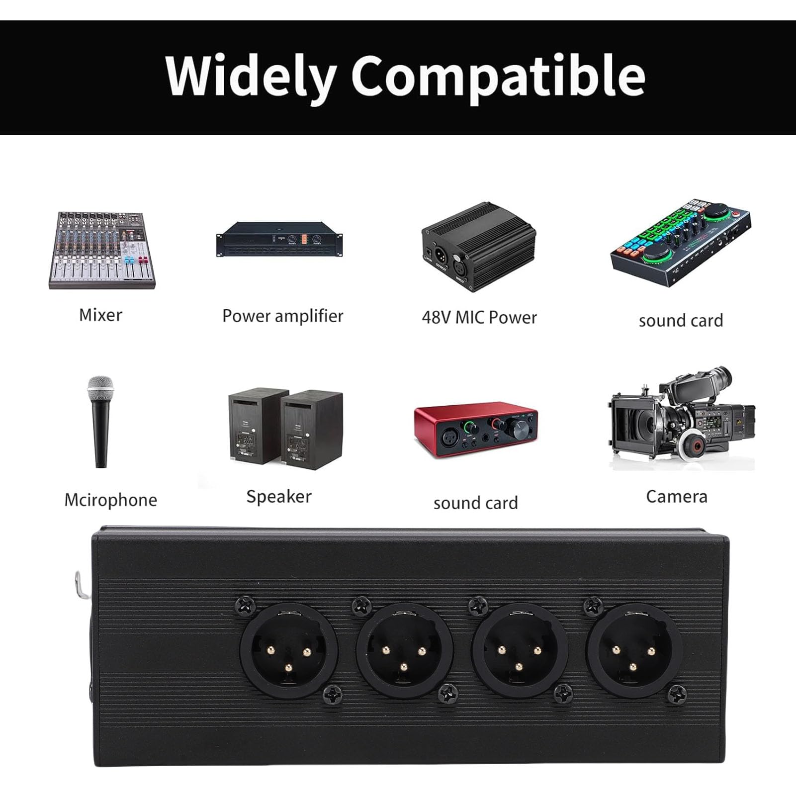 Boîtier Répartiteur XLR, Distributeur de Signal équilibré 1x4 XLR Femelle vers Mâle, Boîtier en Alliage D'aluminium et Contacts Plaqués or, pour Système de Sonorisation de