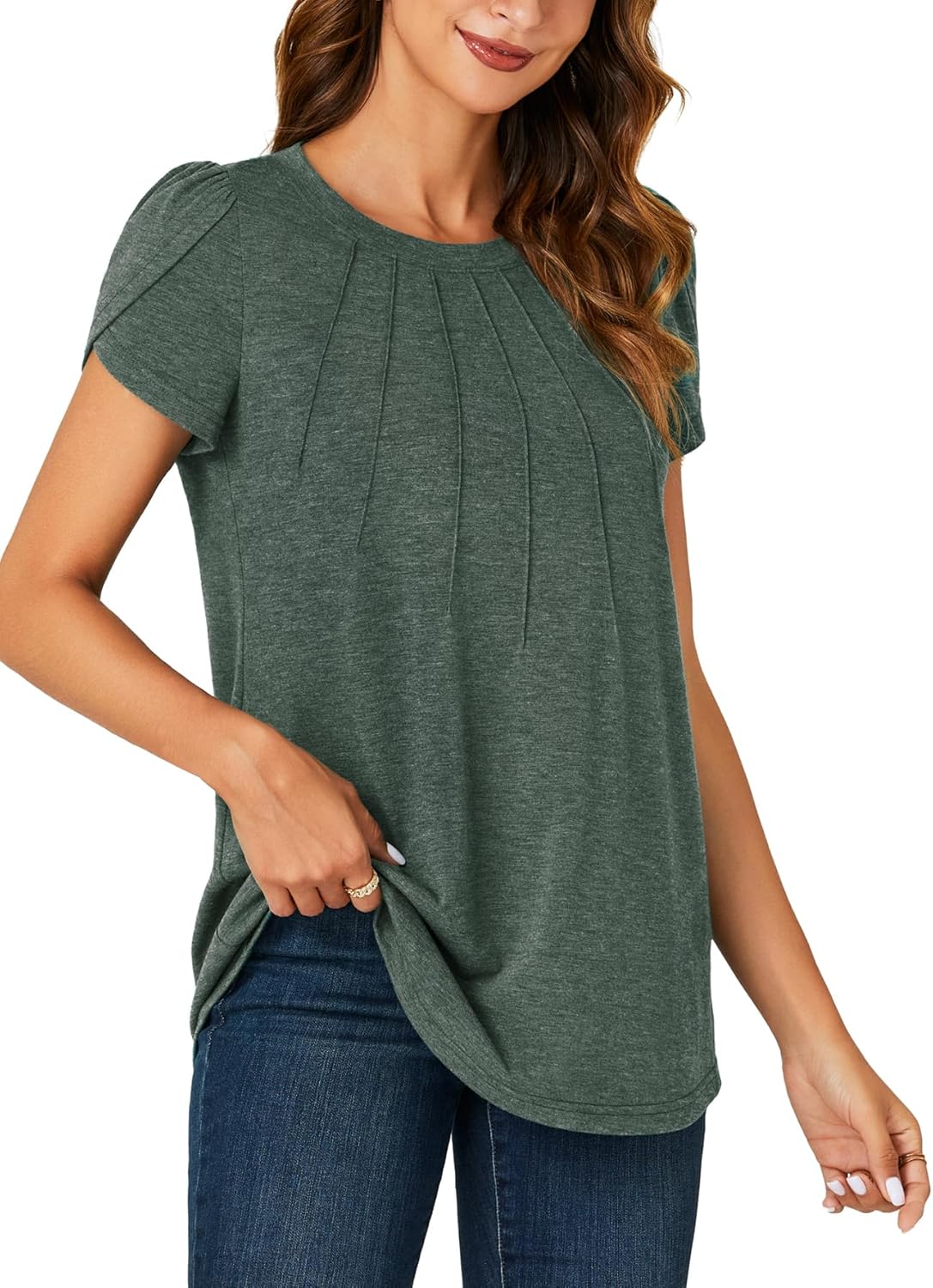 Rooscier Women's Petal Short Sleeve Crewneck Loose Dressy Summer Casual Tunic Top Blouse - Image 4