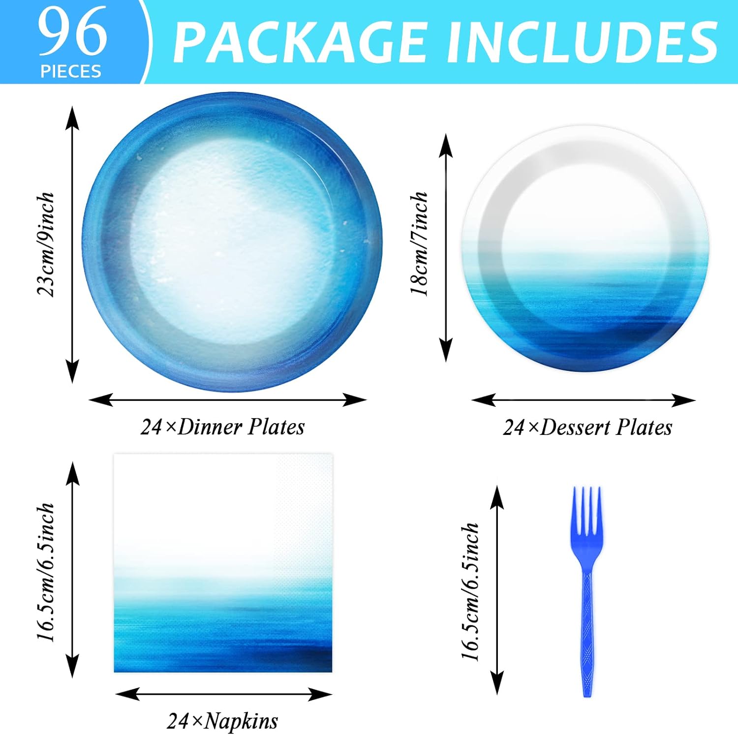96 Pieces Ocean Sea Party Tableware Set Ocean Waves Party Supplies Sea Theme Table Decorations Under The Sea Tableware for Baby Shower Birthday Paper Plates Napkins Forks for 24 Guests - Image 2