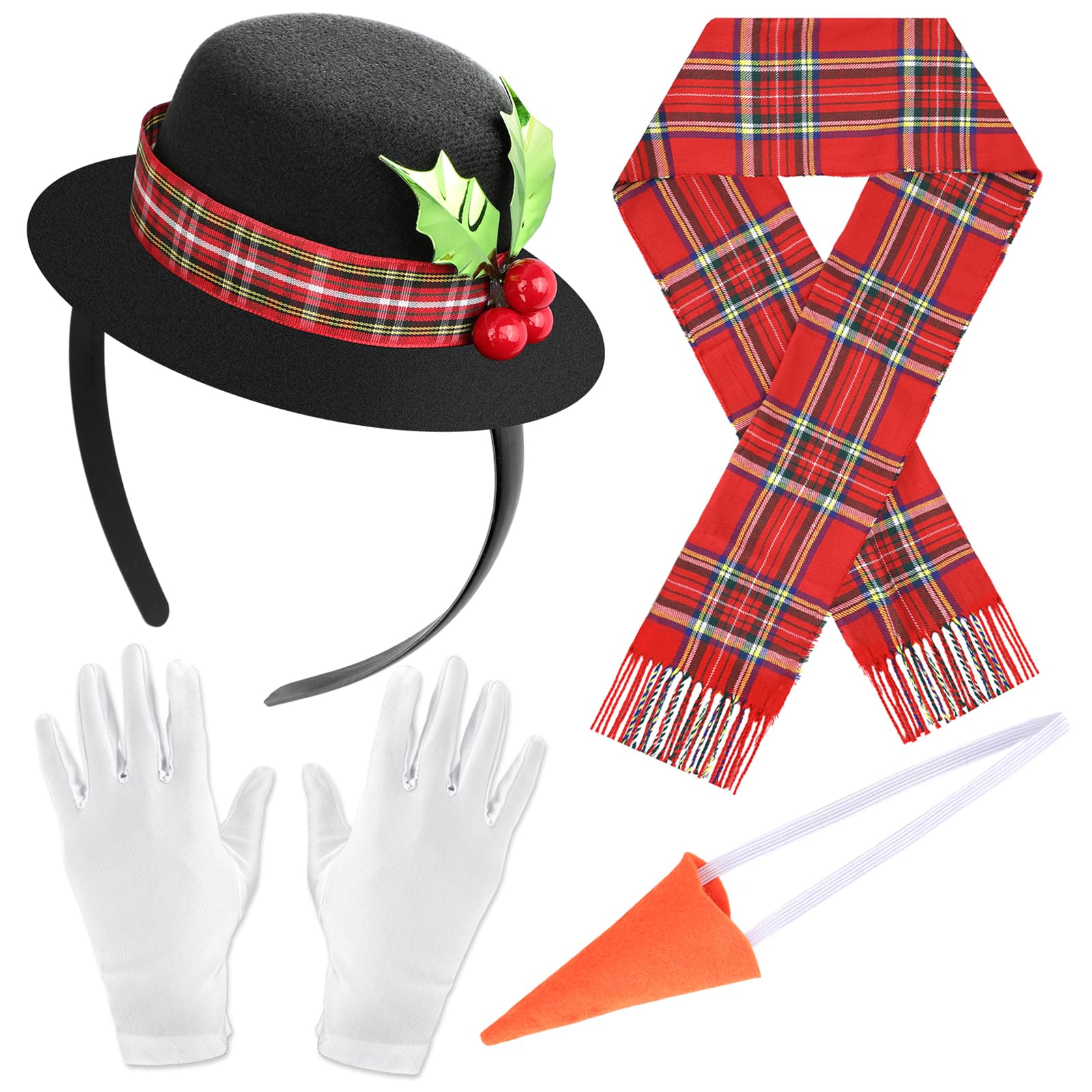 HOWAF Christmas Snowman Costume, Snowman Hat Christmas Headband Snowman Headband, Christmas Scarf, Carrot Nose, White Gloves for Snowman Outfit, Christmas Fancy Dress, Christmas Costume