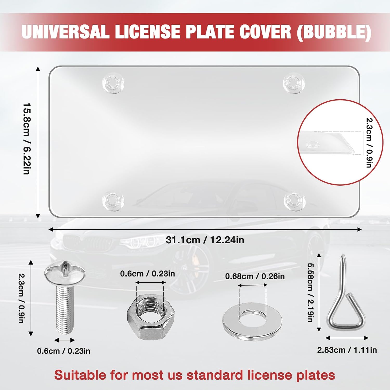 Bubble License Plate Cover 2 Pack, Clear License Plate Protector 12.24 * 6.22’’ Universal, Plate Cover for Car Transparent Colorless Plastic, Car Plate Cover Front/Rear with Screw Washer Nut