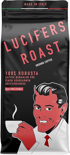 LUCIFERS ROAST 500g Kawa marki KIQO z Włoch - mocna kawa - o niskiej kwasowości - z 571mg kofeiny - 100% Robusta (Kawa mielona, 500g)