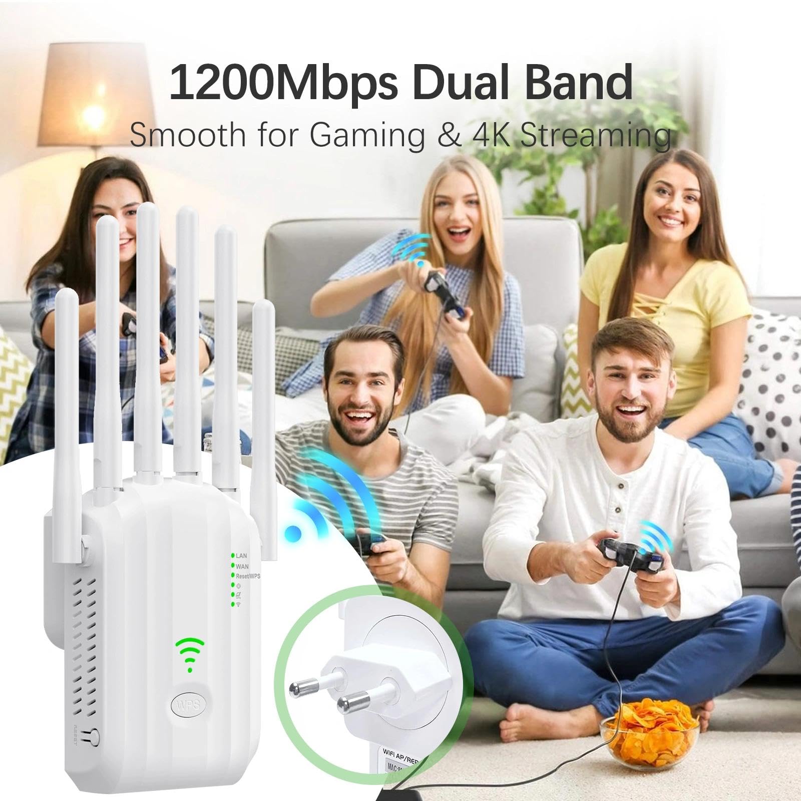 Amplificatore WiFi 1200 Mbps per Casa, Ripetitore Segnale WiFi 2.4GHz/5GHz con 6 Antenne ad Alto Guadagno, Porta LAN Gigabit, Modalità Router/AP, WPS, per Streaming Gaming Online Senza Interruzioni