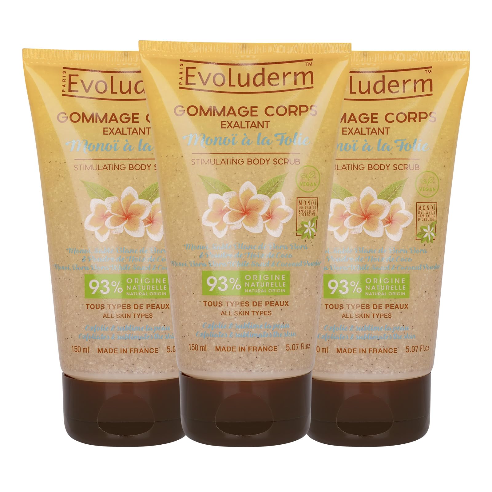 EVOLUDERM - Gommage Corps Exaltant Monoi à la Folie - 150 ml - 93% d’Origine Naturelle - Végan - Fabrication Française - Lot de 3 x 150 ml