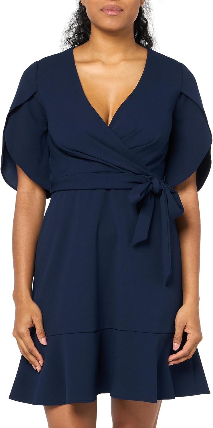 DKNY Womens Tulip Sleeve Scuba Crepe Faux Wrap Dress