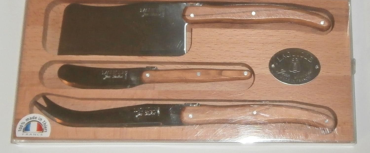 Deluxe Jean Dubost Laguoile Stainless Steel Cheese Knife Set Olivewood Handles