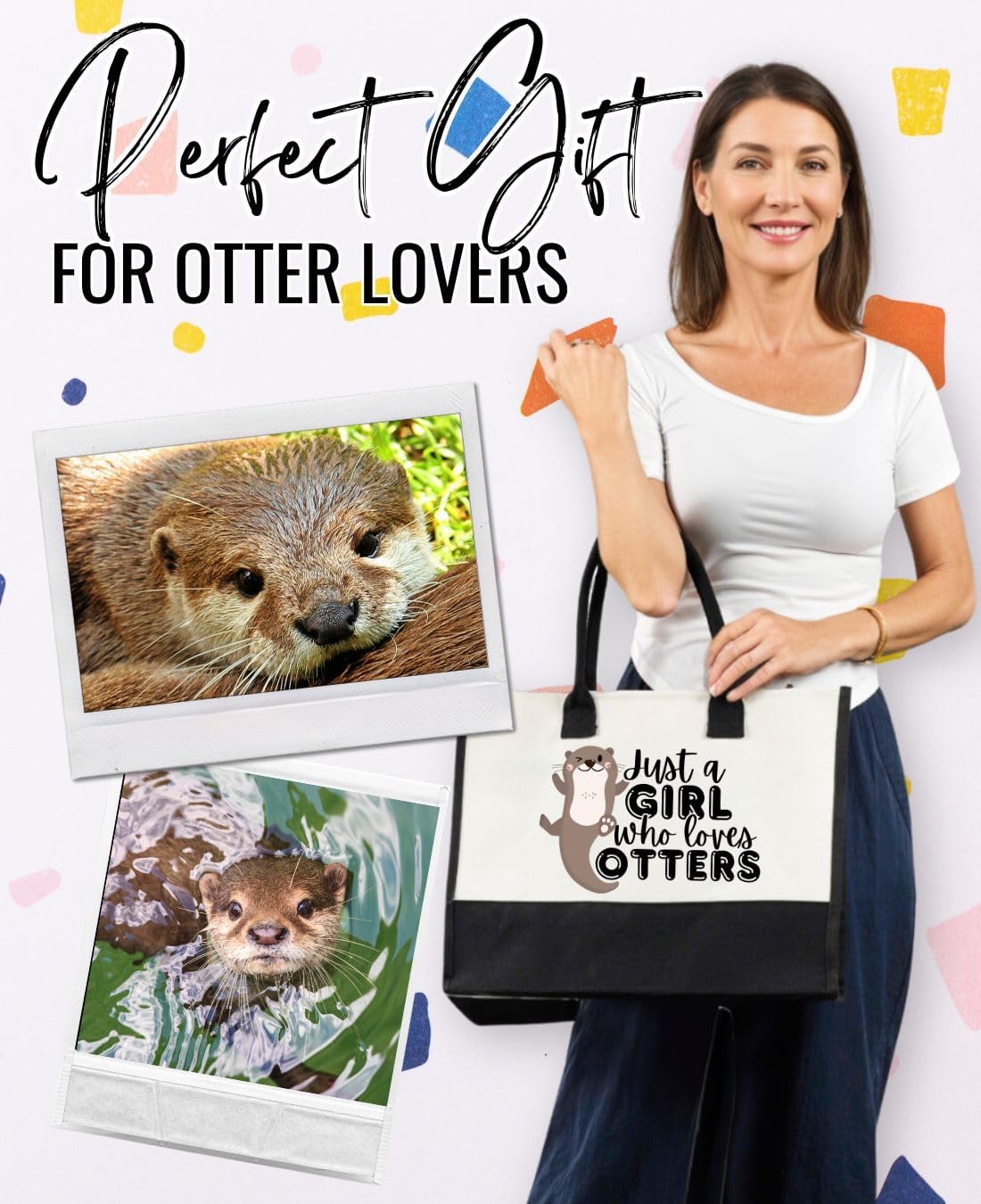 InnoBeta Otter Gifts Canvas Tote Bag for Women, Girls, Otter Theme Gifts with Top Zipper Closure and Shoulder Strap for Birthday, Mother's Day, Christmas