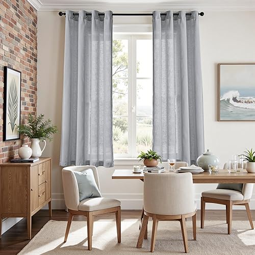 Miniatura 2 de jinchan Cortinas de lino, cortinas de ventana filtrantes de luz con ojales en la parte superior, cortinas de lino gris 2 paneles para sala de estar,