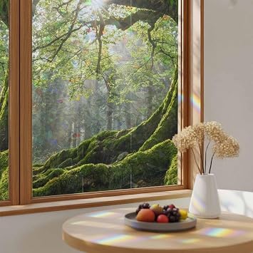 Ancient Tree Privacy Window Film, Decorative Stained Glass Window Film, Zen Mystical Green Lush Forest Nature Resuable Rainbow Static Cling for Home Bathroom Living Room Glass Door 35.4"x78.7"