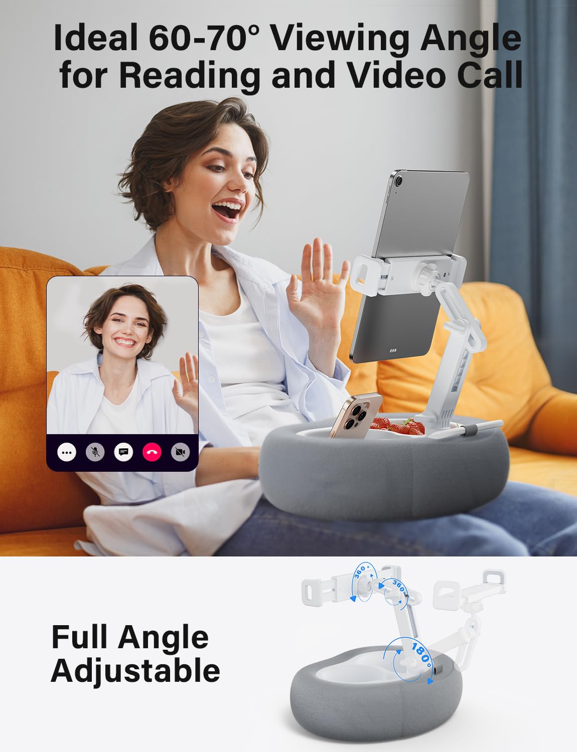 TAZENI Soporte de almohada para tablet Kindle con 2 bandejas para teléfono/tableta/Kindle iPad de 4 a 13 pulgadas, soporte para cama con accesorios de lectura de tela suave, regalo para leer, color