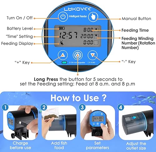 Miniatura 5 de Lukovee Comedero automático para peces, pantalla de tiempo de alimentación de nueva generación, temporizador recargable por USB, a prueba de
