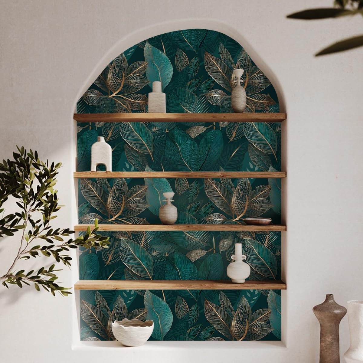 Peel and Stick Wallpaper – Luxe Emerald Green Tropical Leaves with Gold Accents, Modern Removable Self Adhesive Wall Mural for Bedroom, Living Room, Accent Walls,17.7 * 236 Inch