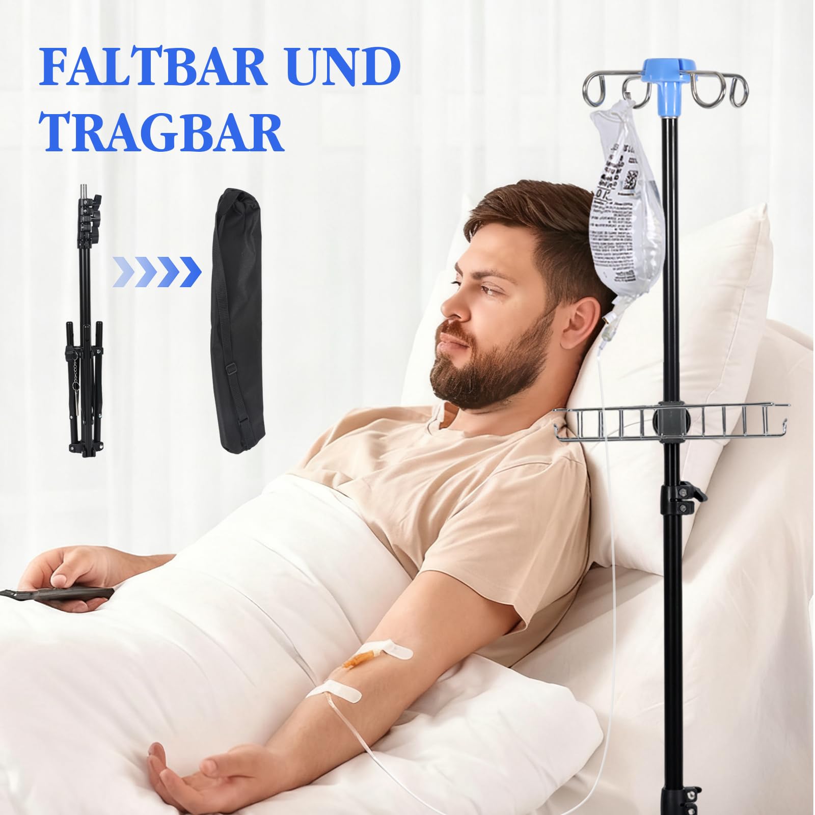 Soporte de infusión con ruedas y cesta de almacenamiento, plegable, altura ajustable, soporte IV con 4 ganchos y 3 ruedas, soporte portátil para infusión, para hospital, cuidado del hogar y viajes