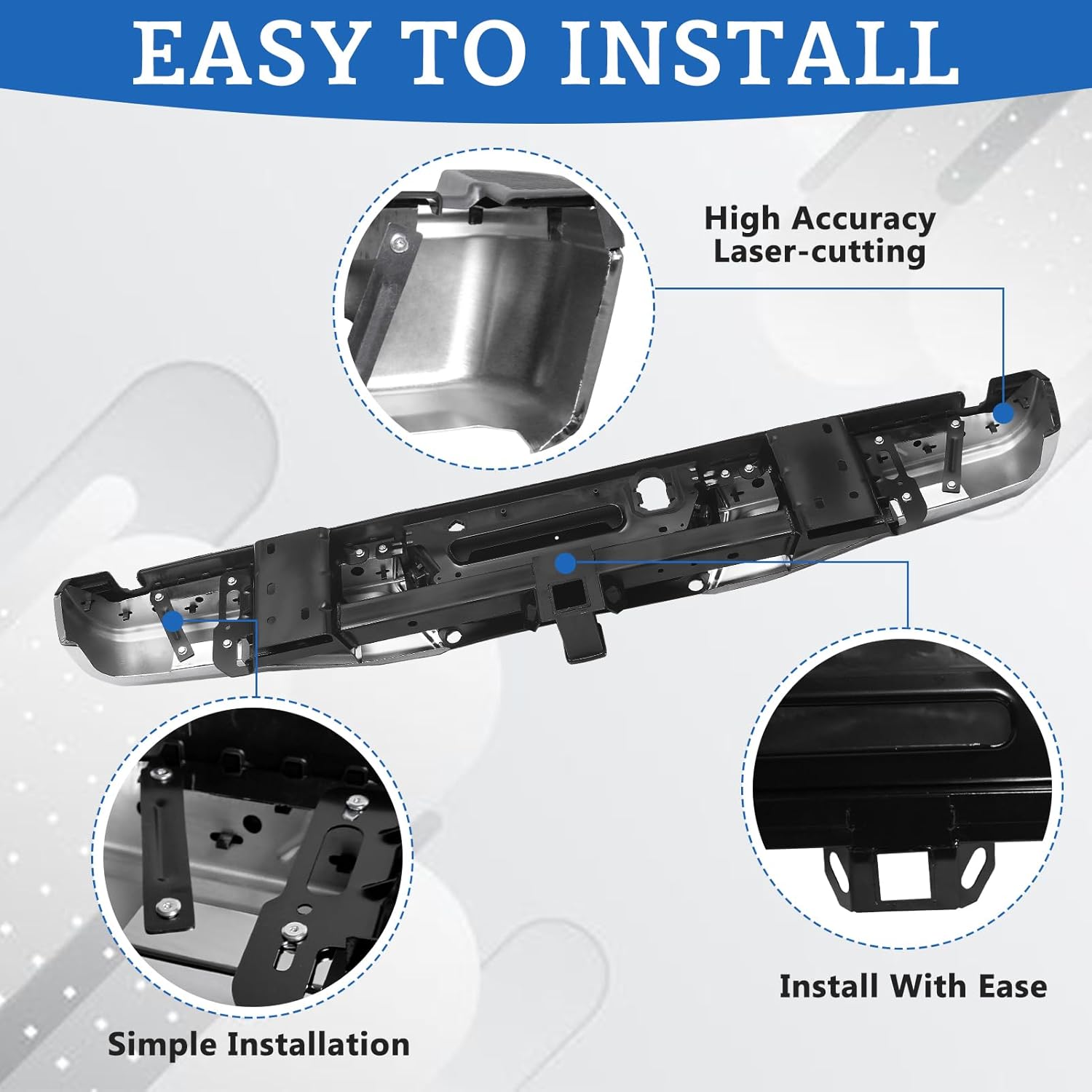 F150 Rear Bumper for 2015 2016 2017 2018 2019 2020 Ford F150 Chrome Steel Rear Step Bumper Assembly With Max Tow Hitch With Parking Sensor Holes Replacement for FO1103191