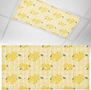 Cute Bee 1 Pack Light Covers Love Honeycomb Heart Yellow Background 4 x 2 Feet Magnetic Fluorescent Ceiling Lights Filters for Office Classroom Home Drop Ceiling