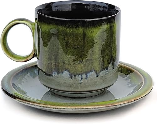 Miniatura 3 de Spark In Life - Tazas de café espresso de cerámica pintadas a mano de color verde, 4 onzas, juego de 2 tazas de porcelana y 2 platillos (verde)