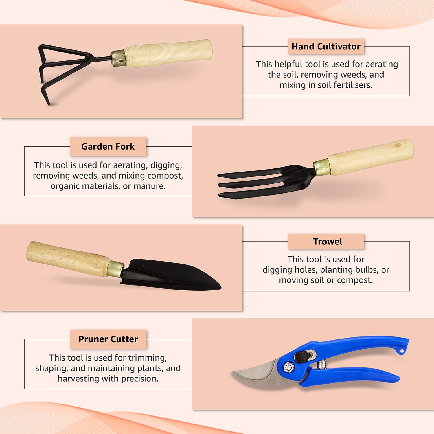 Amazon Brand - Solimo 4-Piece Gardening Tool Set | Hand Cultivator, Trowel, Garden Fork, Pruner | Wooden Handle - Image 4 thumbnail