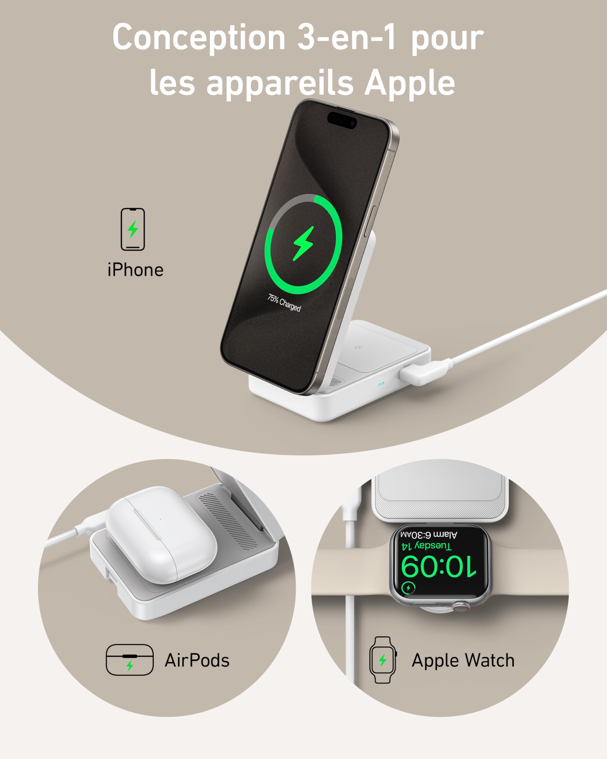 Anker MagGo Chargeur Induction iPhone 3 en 1 Magsafe 15W, Base de Recharge sans Fil Certification Qi2 Compatible avec MagSafe, pour iPhone 17/16/15/14 AirPods Watch(Chargeur USB C 40W Inclus)