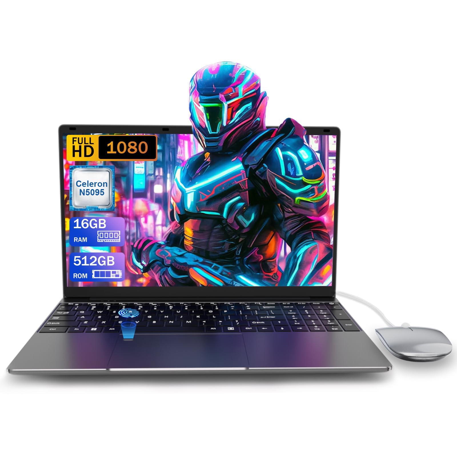 Ordenador Portátil 16GB RAM LPDDR4 512GB SSD 15,6 Pulgadas UHD Celeron N5095 Procesador Laptop con Touch ID USB 3.0 WiFi5 Bluetooth 4.0 (película de Teclado incluida)