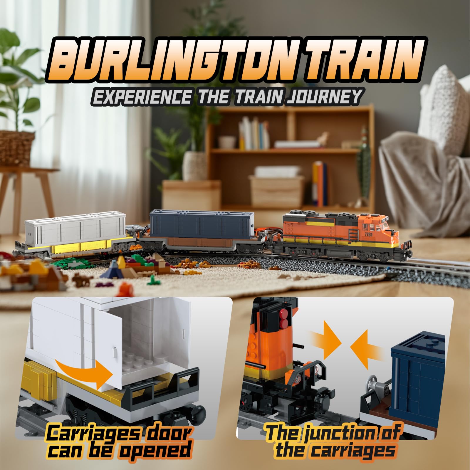 BNSF Kit de construction de train de marchandises avec locomotive et voitures, 1045 pièces
