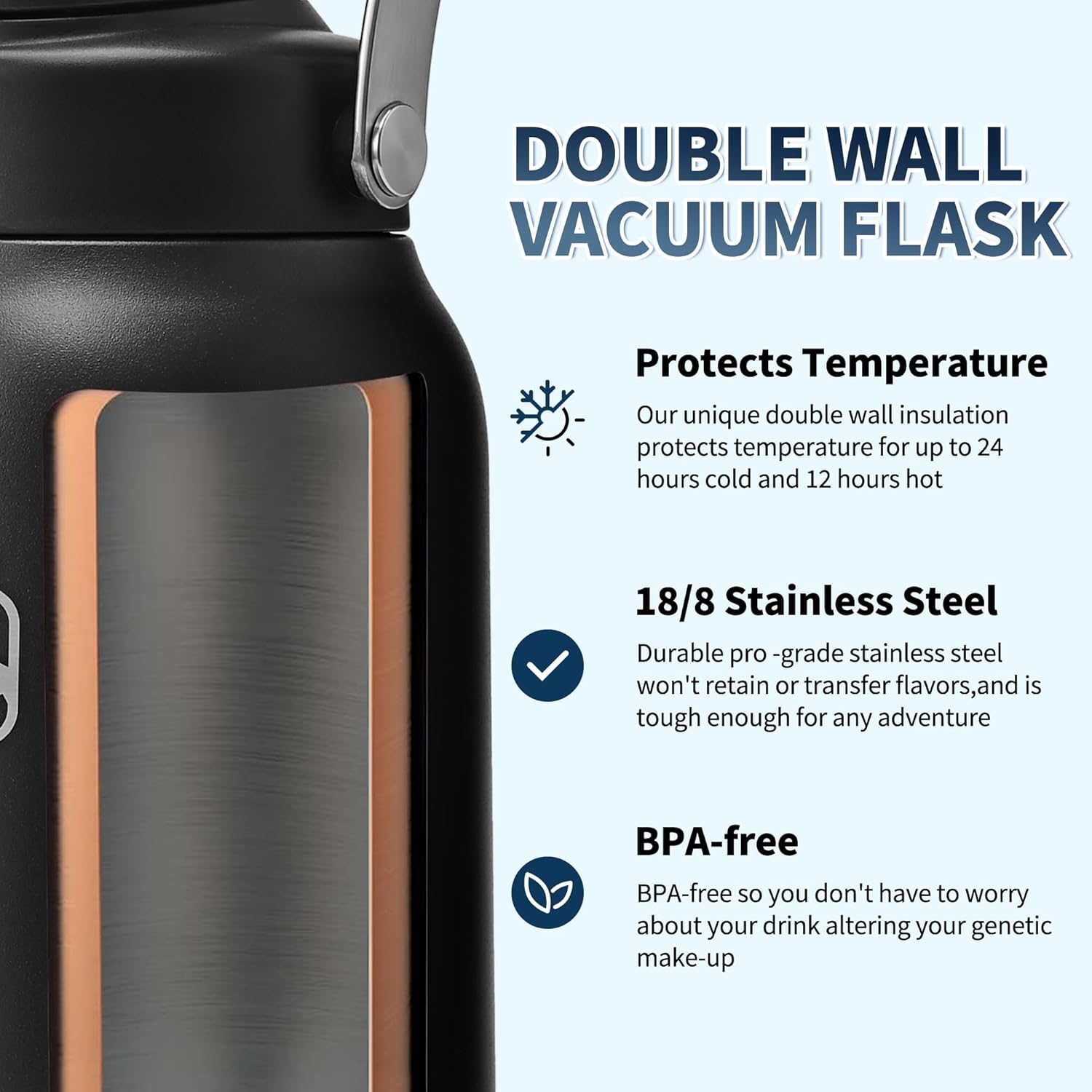 Boulder Bee Insulated Water Bottle | Half Gallon Water Jug with Handle | 64 oz Stainless Steel w Carrier Bag | Double Vacuum | for Hot & Cold Drinks | for Travel, Hiking & Camping