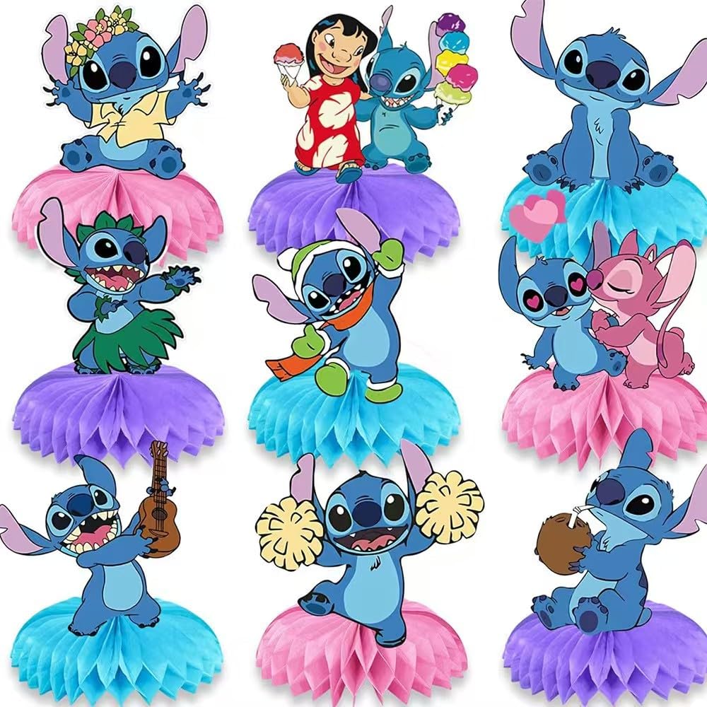 Stitch birthday party supplies, 9Psc honeycomb center decorations, Stitch party decorations, double-sided desktop decorations, center decorations for parties
