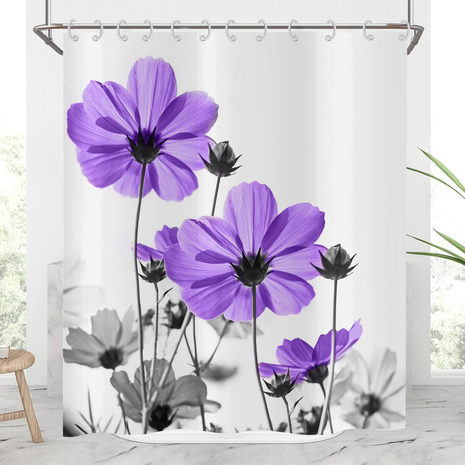 Hnmdmyi Floral Shower Curtain 180x180, Purple and Grey Daisy Flower Elegant Wildflower Design Farmhouse Bathroom Curtains with Hooks Waterproof Polyester Fabric Washable Bath Curtains for Wet Room — image 1