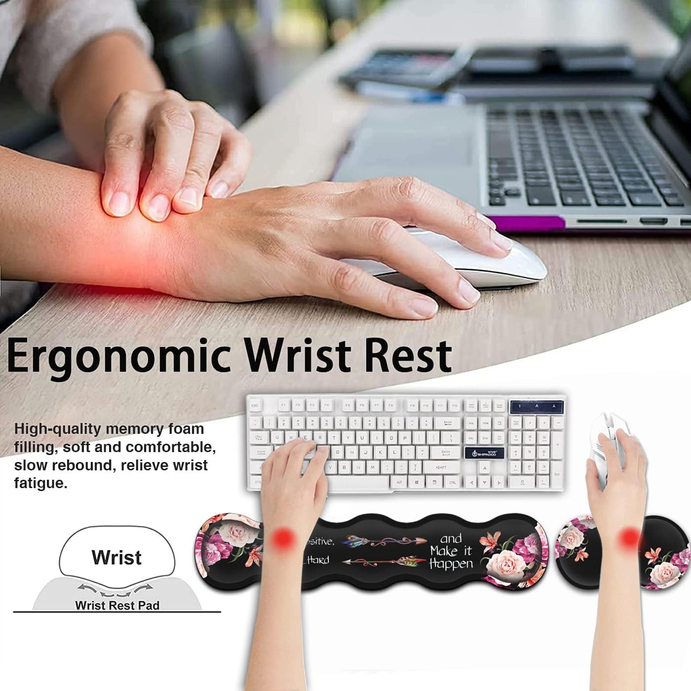 Keyboard Mouse Pad Wrist Rest Support Set, Extended Black Gaming Mouse Pad, Large XXL Mousepad + Ergonomic Memory Foam Wrist Rest,Office Desk Mat Waterproof Writing Pad, Work Hard Peony Flower