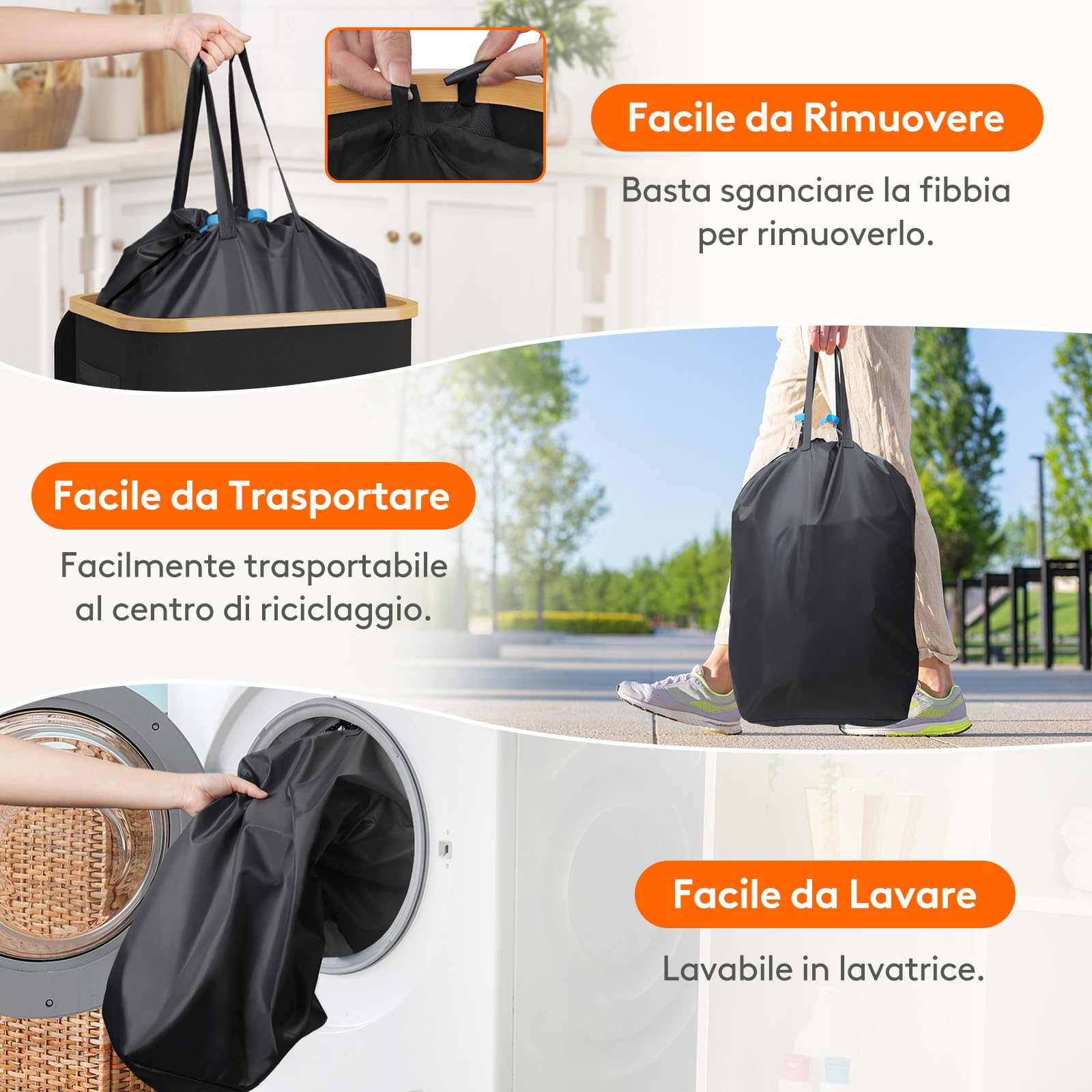 Lifewit Pattumiera Raccolta Differenziata 100 L Portatile, Contenitore per Bottiglie di Vetro e Plastica, Grande Bidone in Bambù per la Raccolta Selettiva, Nero