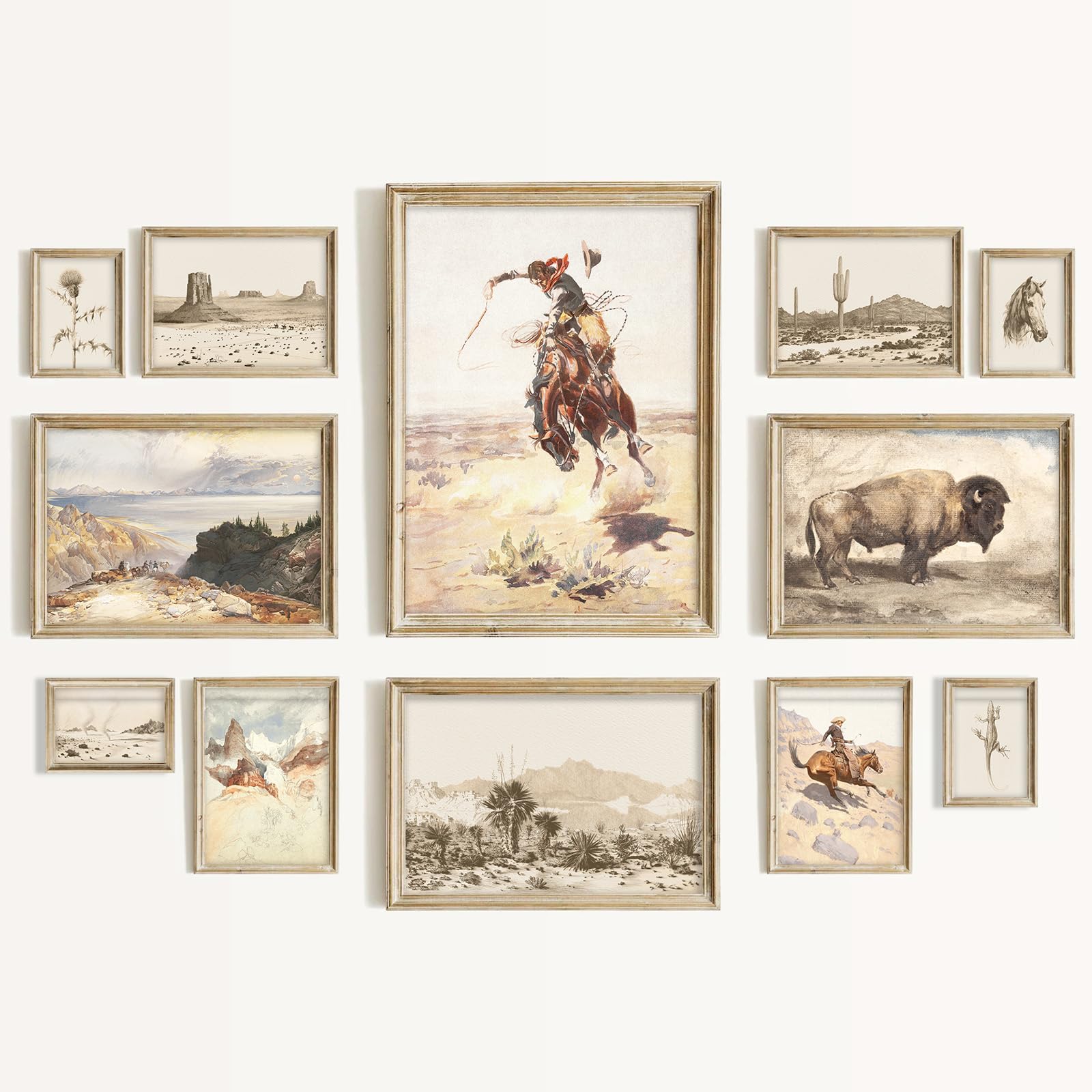 Aroutde Vintage Western Cowboy Wall Art, Western Canvas Wall Art Decor Farmhouse Cowboy Picture Rustic Southwest Bedroom Decor Eclectic Home Decor for Bedroom Bathroom 12Pcs (Unframed)