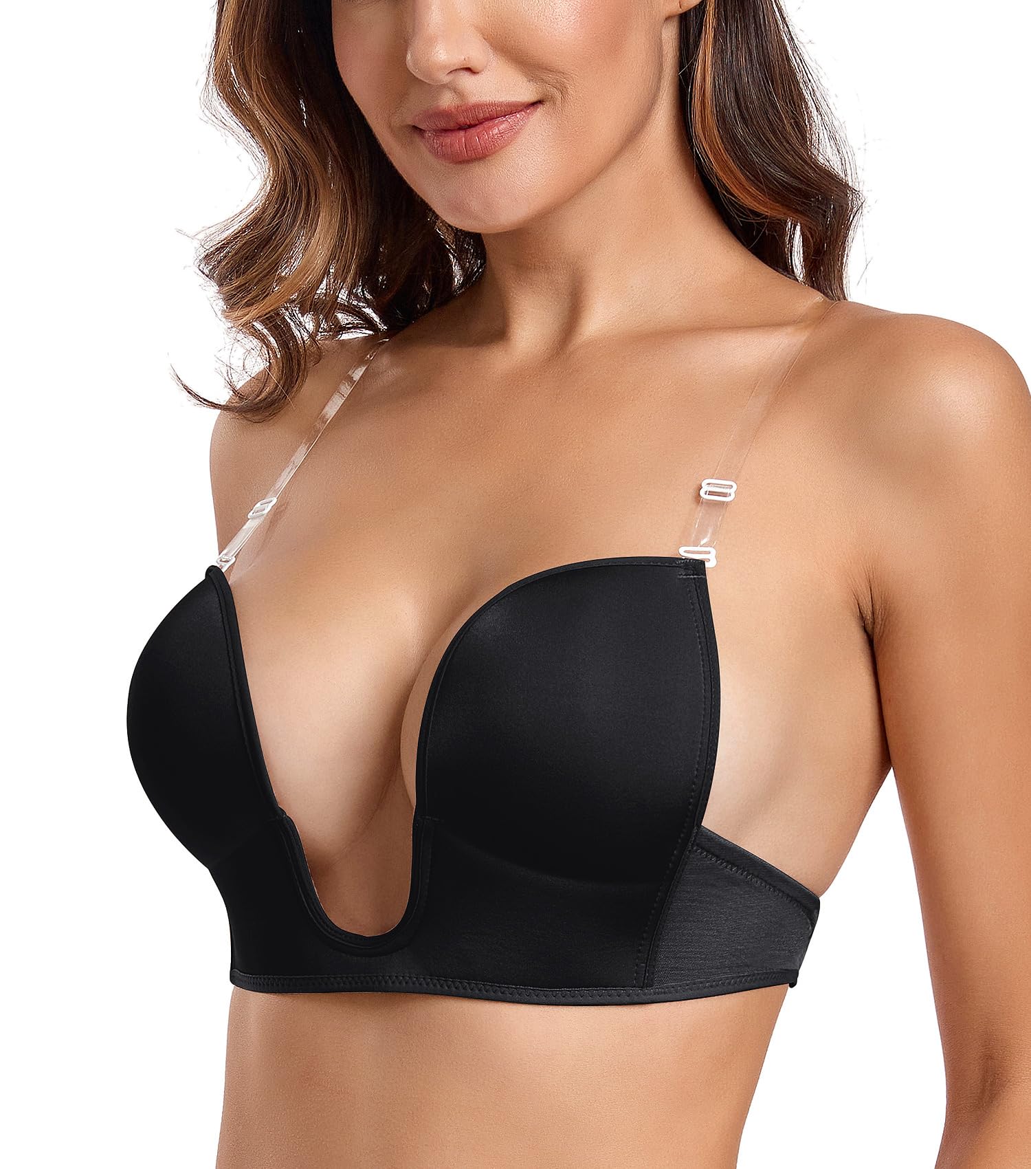 JOATEAY Women's Backless Low Cut Wireless Bra with Convertible Clear Straps(Black,M)