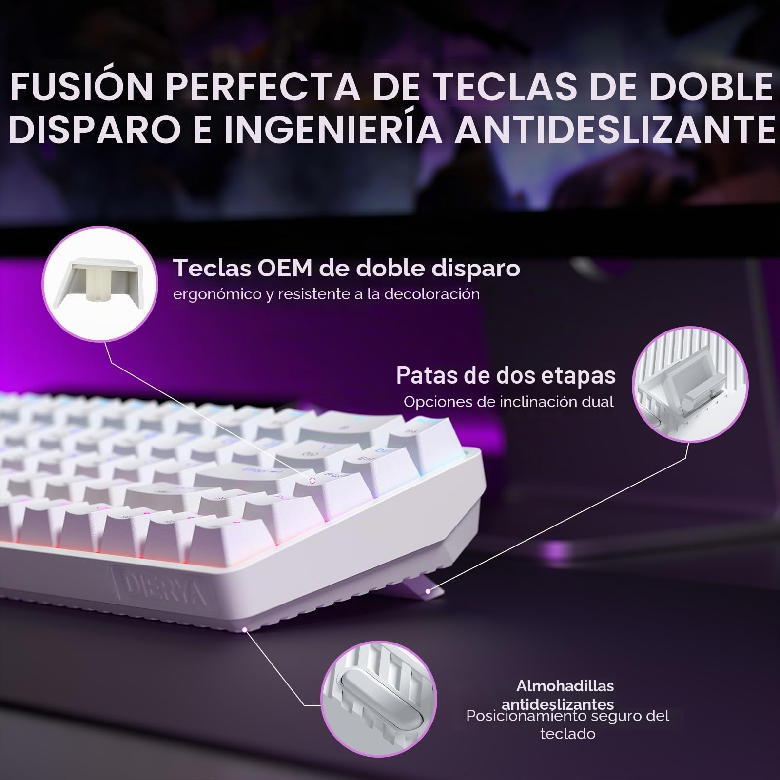 Dierya DK68 Teclado Mecánico Gaming Inalámbrico,60% Layout Compacto 68 Teclas con Triple Modo-Bluetooth/2.4G/Type-C,Red Switch Gamer Mechanical RGB Keyboard para PC/Win/Mac,QWERTY,Blanco