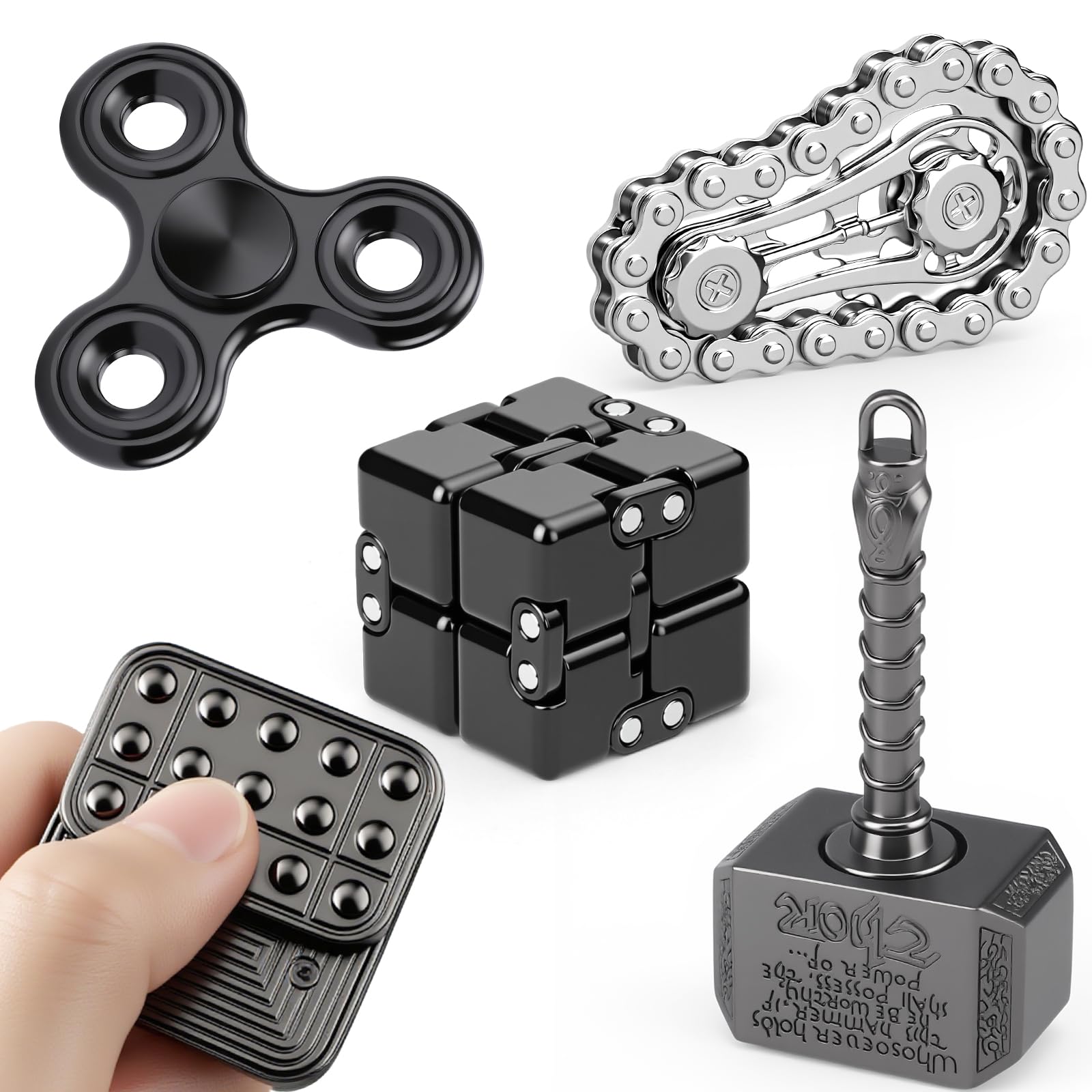 5 Pcs Fidget Toys Adults Kids, Metal Fidgets Spinner, Hand Hammer Finger Spin Toy