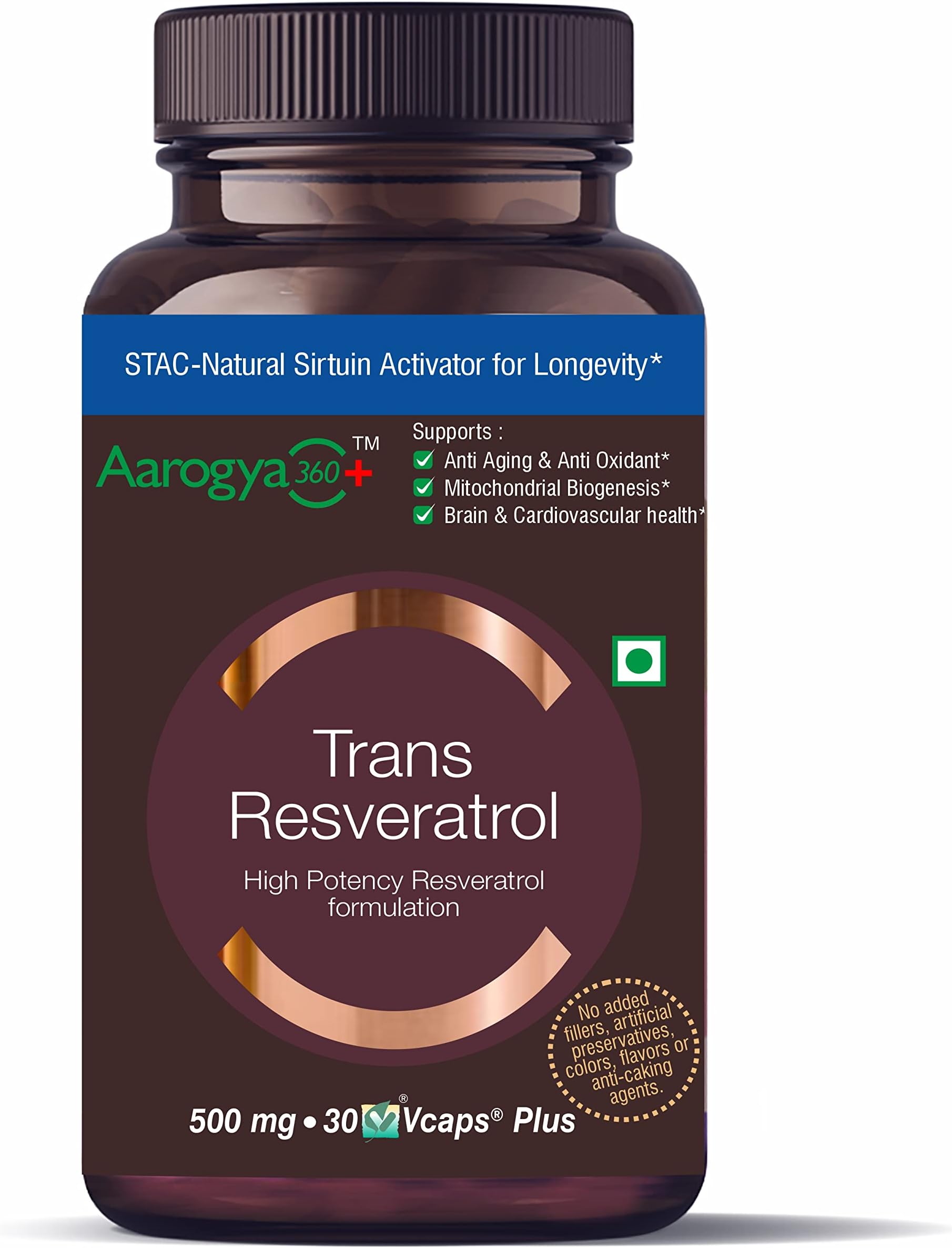 Aarogya360 Pure Trans Resveratrol 500 mg With BioPerine Anti Aging Skin Care Antioxidant Supplement for Heart Health & Daily Immune Support 30 Veg Capsules | for Superior Absorption