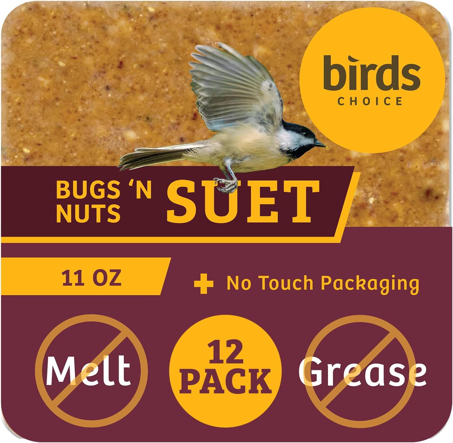 Birds Choice Bugs 'N Nuts No Melt Suet Cake Wild Bird Food | Rendered Beef Suet, Roasted Peanuts, Corn, Sunflower Oil, Cranberries, Oats | High Protein Suet for Year-Round Feeding | 11 oz (12-Pack)