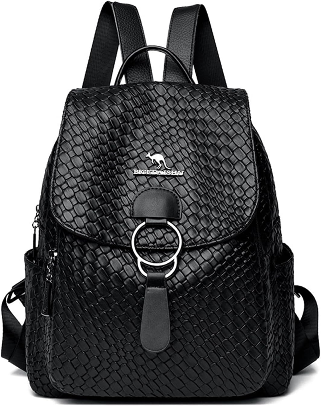 Anti-theft Backpack Purse for Women Black Woven Vegan PU Leather Backpack Ladies Fashion Knapsack Durable Trendy Security Crossbody Shoulder Bag Handbag Purse for Travel Hiking Bag – Small