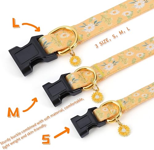 Miniatura 3 de Collar de perro de algodón hecho a mano para perros pequeños, medianos y grandes, margarita amarilla con colgante, lindos collares de perro (M)