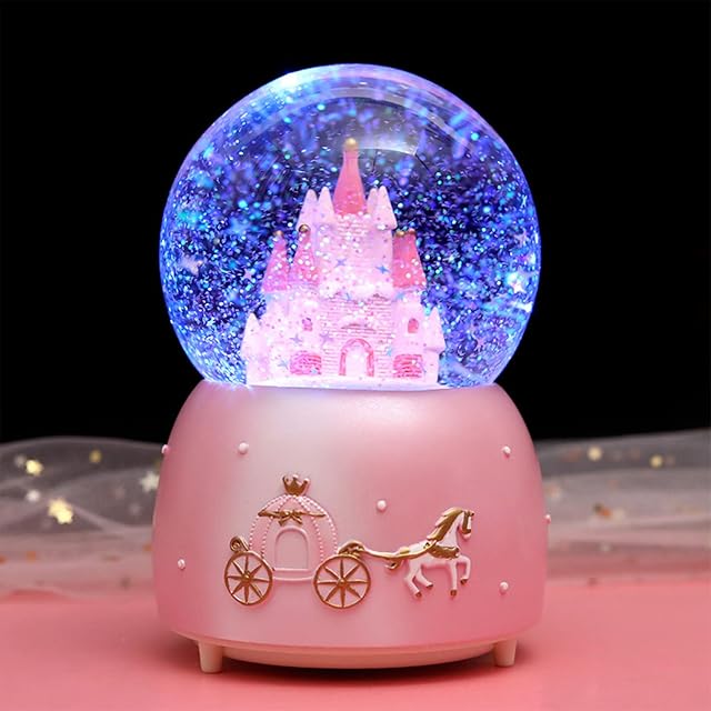 Light Up Musical Snow Globe Rotating Crystal Ball Music Box Automatic Snowfall and Colorful Lights Castle Snow Globe Desktop Ornament Christmas New Year Birthday Gift for Kids Girls Children Adults