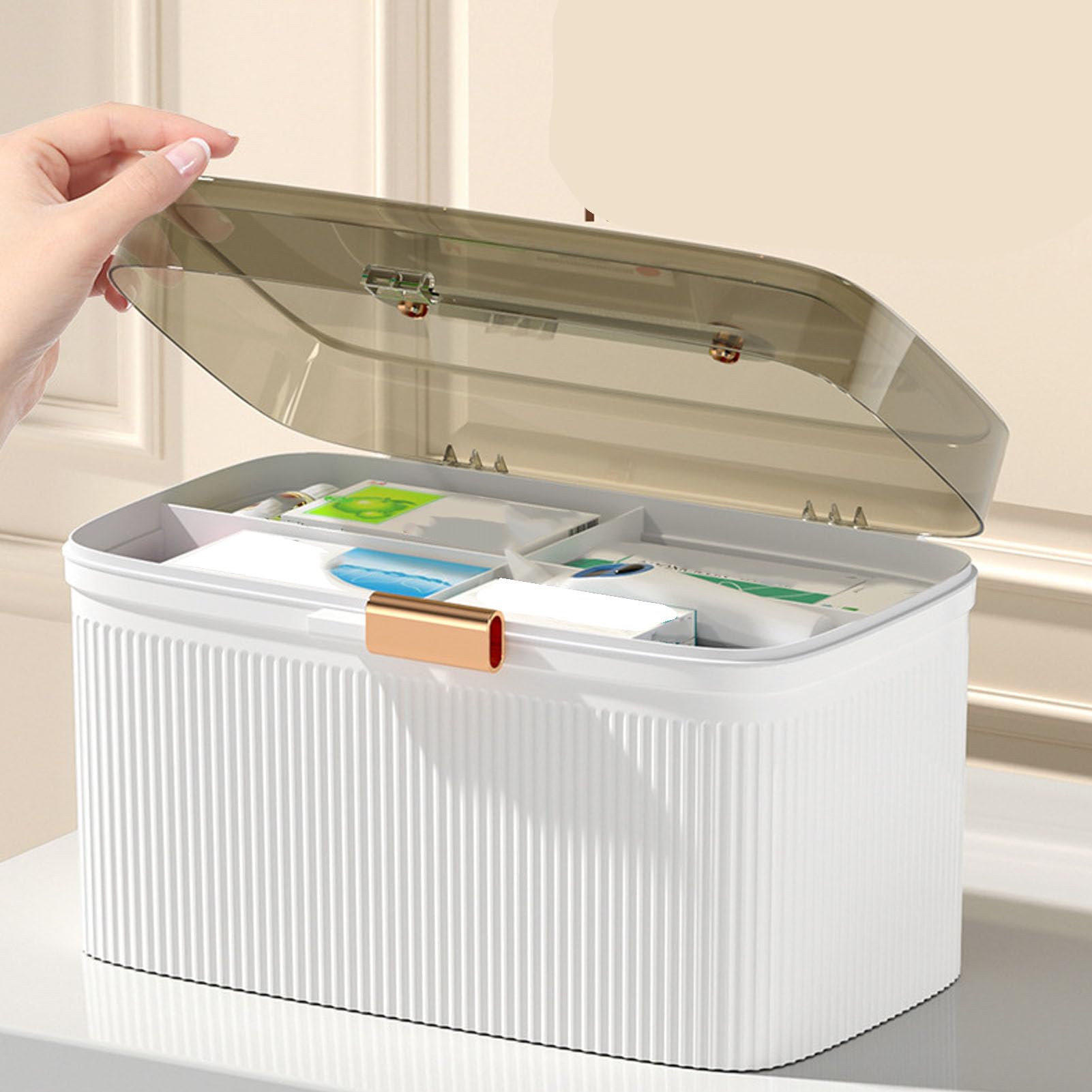 Caja de Medicina Familiar con Cerradura de Seguridad, Organizador de Plástico de Doble Capa, Botiquín Doméstico
