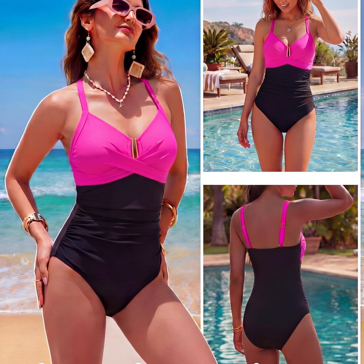 Women One Piece Swimsuit Tummy Control Ruched Bathing Suit U Wire Front Cross V Neck Swimwear Push Up Slimming Suit